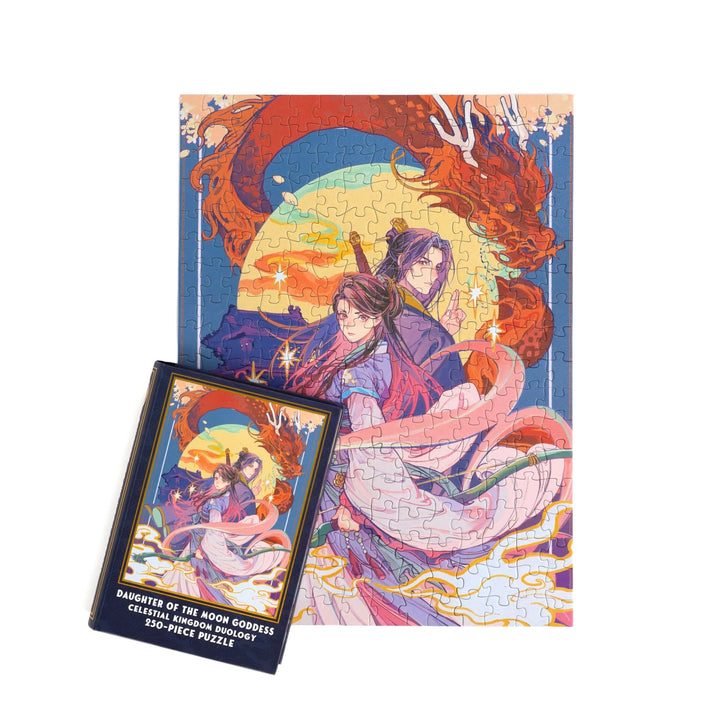 Completed puzzle of anime style art of Xingyin and Prince Liwei and purple, book-shaped box for Daughter of the Moon Goddess Celestial Kingdom Duology 250-piece puzzle.