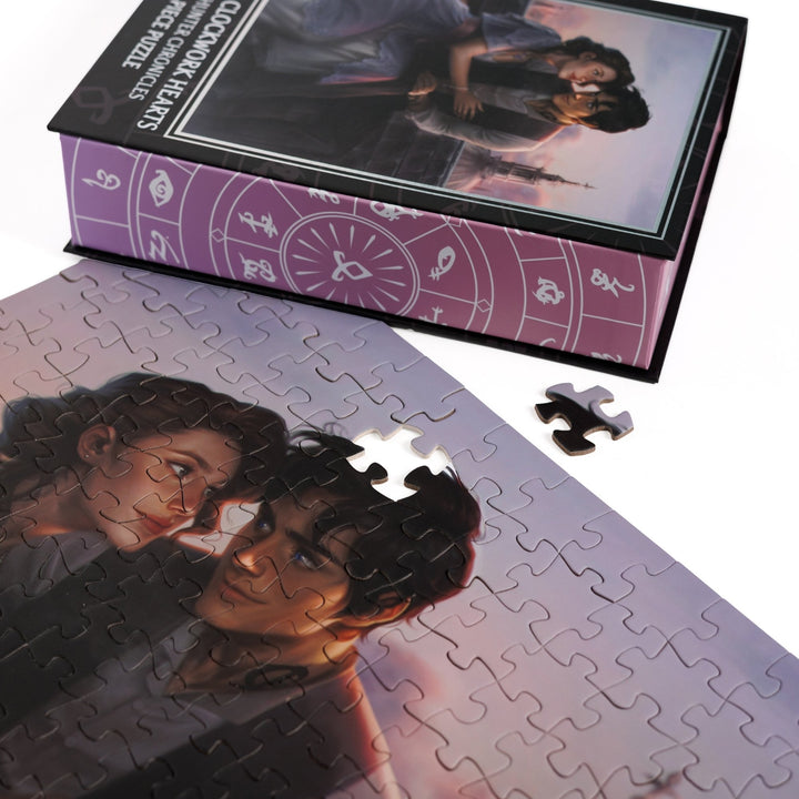 Close up of completed puzzle of Will and Tessa from Between Clockwork Hearts with one piece missing.
