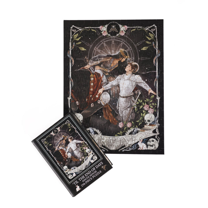 Full completed puzzle of Alex Stern and Darlington and black, book-shaped box with matching art for ‘Til the End of Days Ninth House 250-piece puzzle.’ 