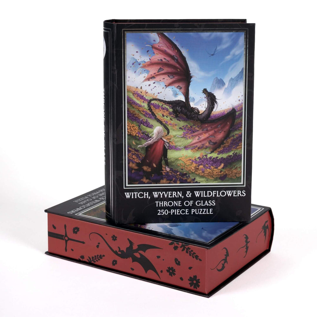 Book-shaped black box for a Witch, Wyvern & Wildflowers Throne of Glass 250-piece puzzle. Art on the front is of Manon & Abraxos. 