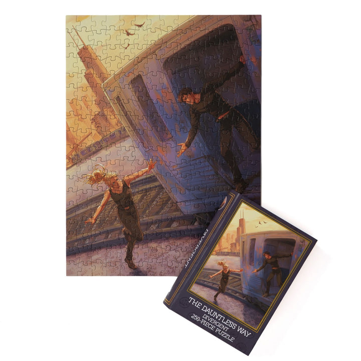 Full completed puzzle of Tris and Four and a purple book-shaped box for The Dauntless Way Divergent 250-piece puzzle.