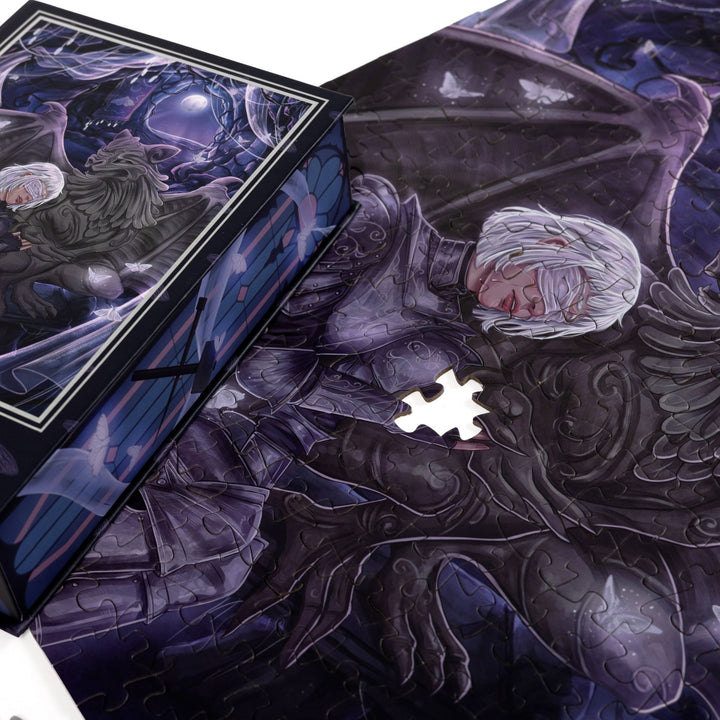 Close up of completed puzzle of Sybil and Bartholomew from The Knight & the Moth with one piece missing.