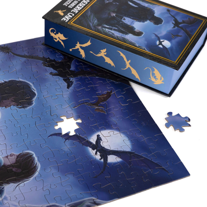 Close up of completed puzzle of Violet and Xaden from Fourth Wing with one piece missing.