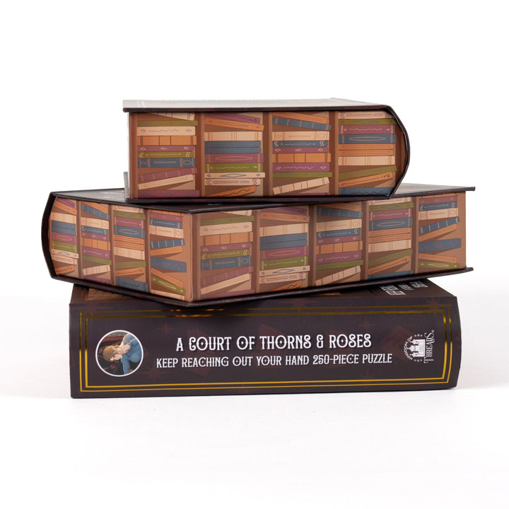 Stack of 3 puzzle boxes showing all sides. Edges look like rows of library books. The spine of the box reads A Court of Thorns and Roses Keep Reaching Out Your Hand 250-piece puzzle.