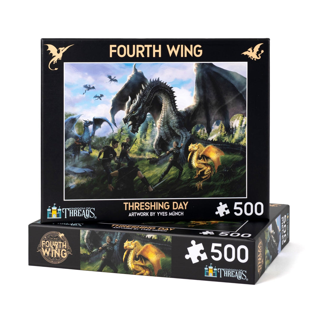 Black box for Threshing Day, Fourth Wing 250-piece puzzle. Art on the front is of Violet and Tairn protecting Andarna at Threshing, and Xaden watching in the background. 