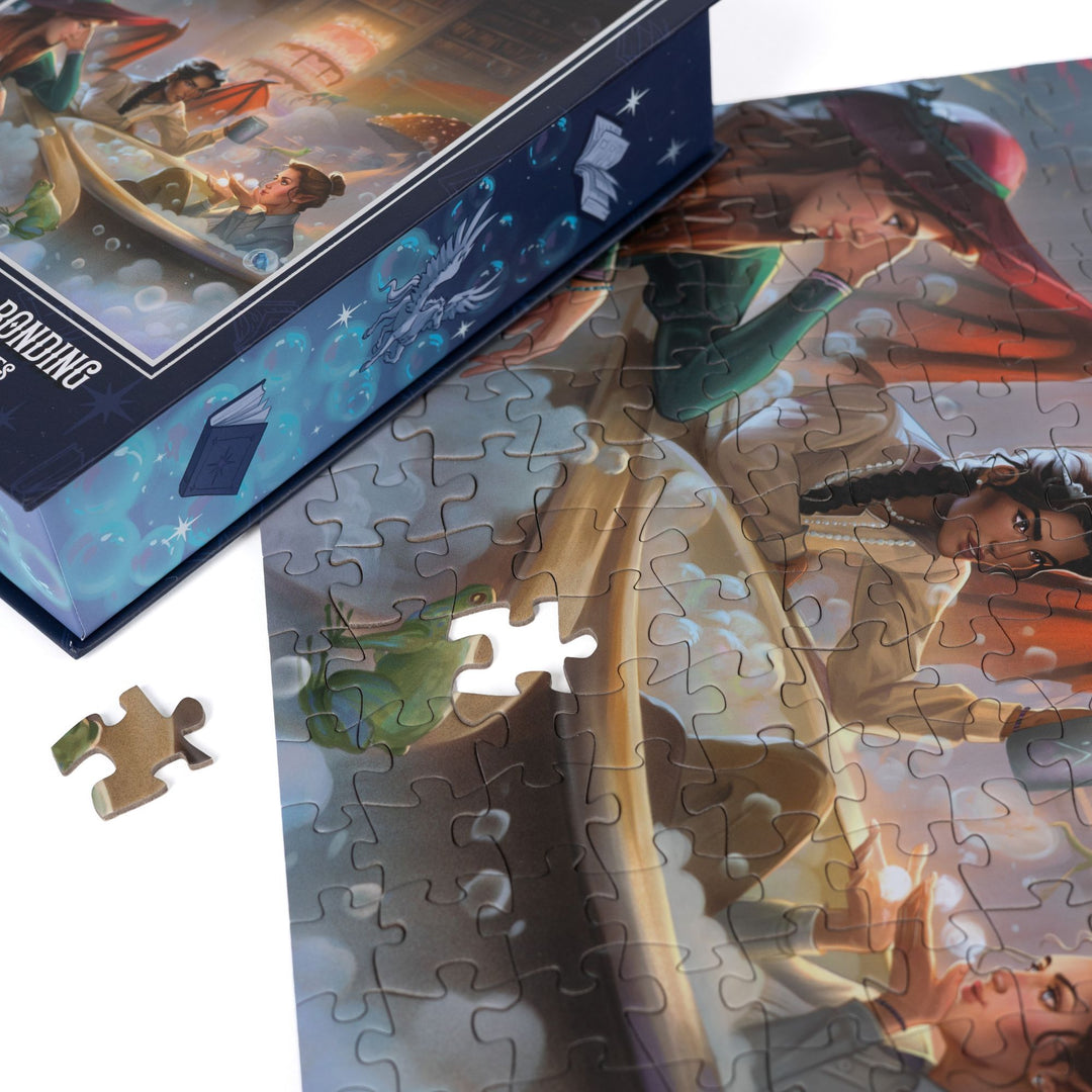 Close up of completed puzzle of Nesta, Gwyn, and Emerie from A Court of Silver Flames with one piece missing.