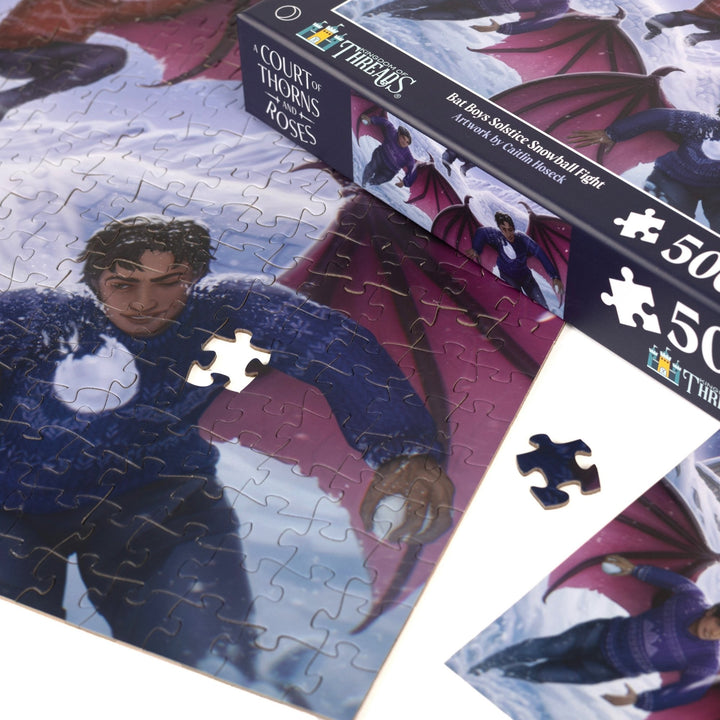 Close up of the Bat Boys Snowball Fight Puzzle featuring the corner where Azriel is dodging a snowball. One piece is missing.