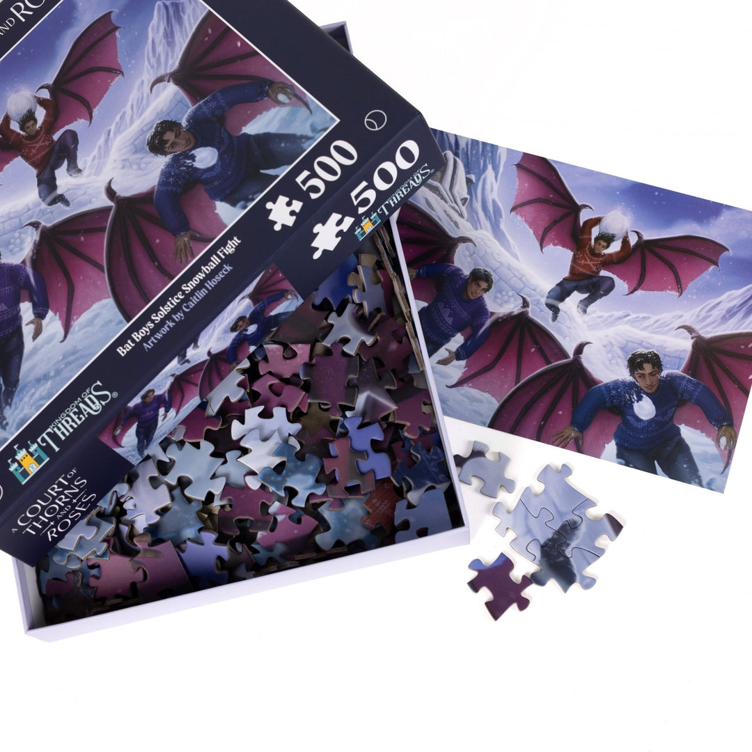 Open box for ACOTAR puzzle of the Bat Boys having a snowball fight. A few puzzle pieces are put together and the art print of Rhysand, Azriel, and Cassian is tucked next to the box. 