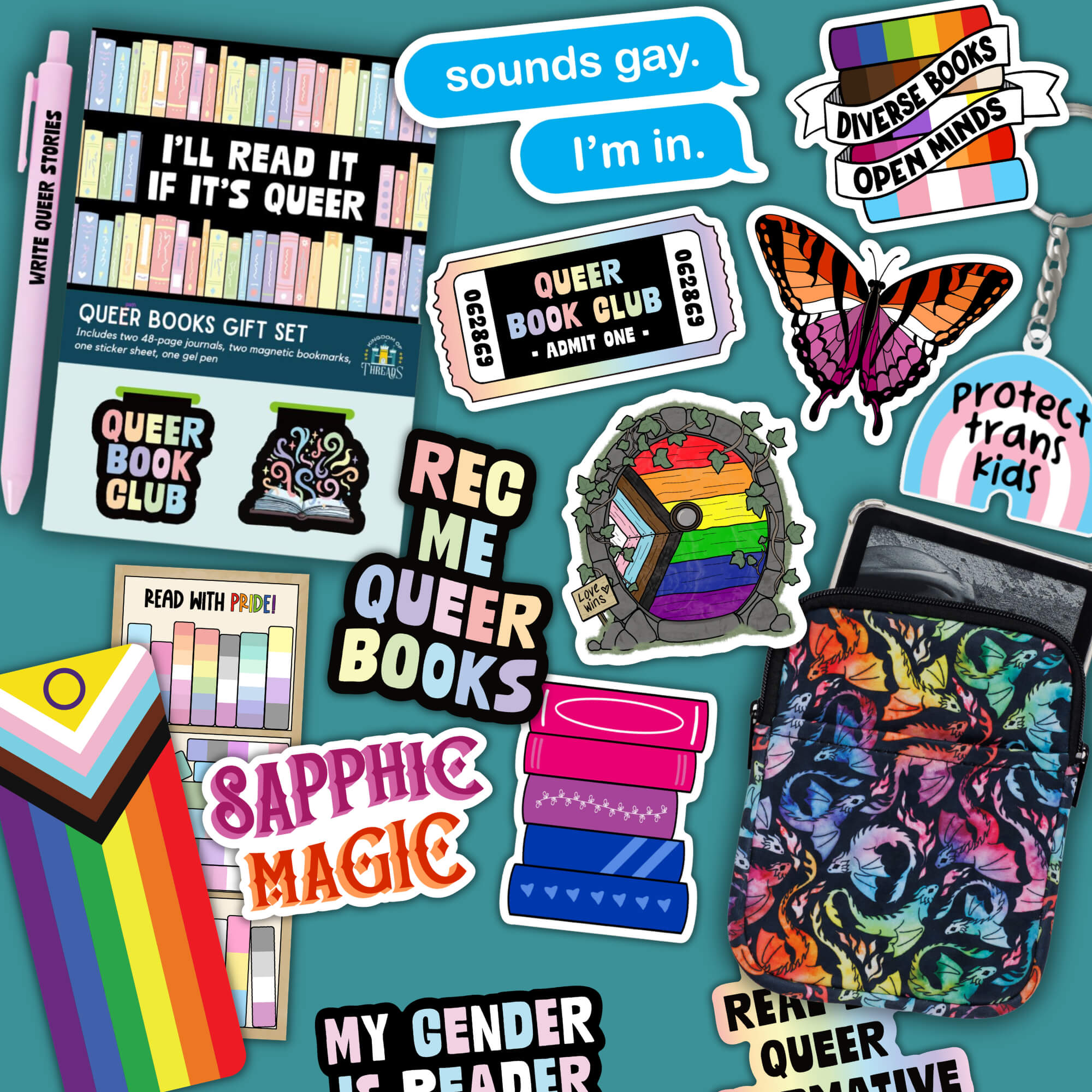 Collage of stickers and other merch celebrating queer joy and queer books.