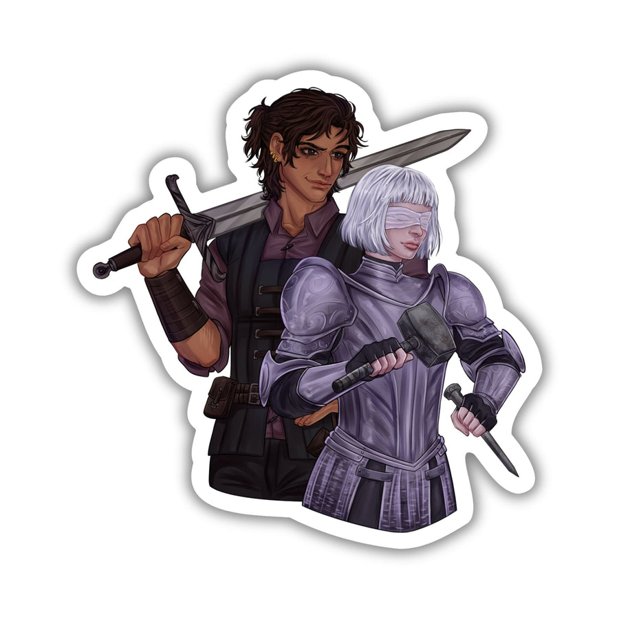 Sticker of Sybil from The Knight and the Moth in armor, brandishing her hammer & chisel, with Rory, sword slung over his shoulder.