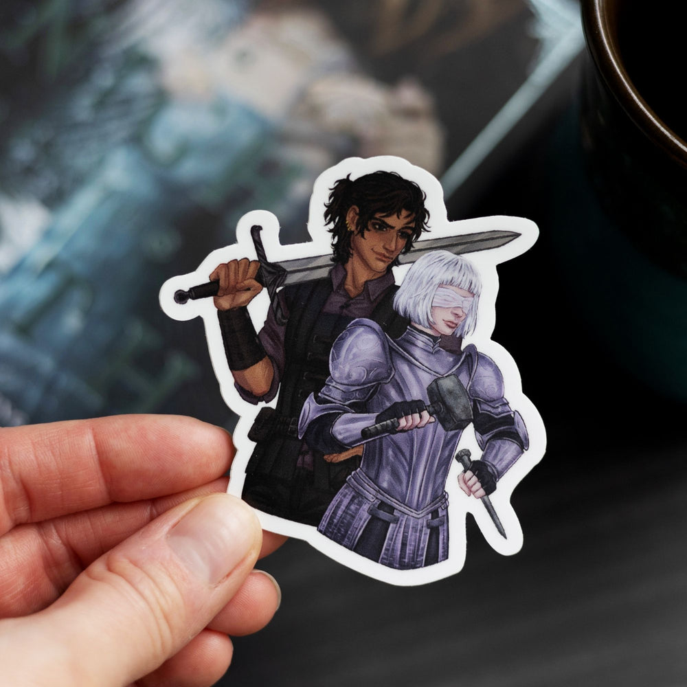 Sticker of Sybil in armor, brandishing a hammer, with Rory, sword over his shoulder  held over Knight & the Moth.