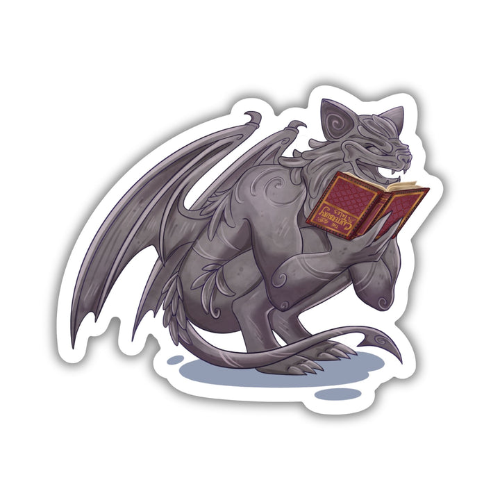 Sticker of a gargoyle reading a red, upside down book. Character is Bartholomew from The Knight and the Moth by Rachel Gillig.