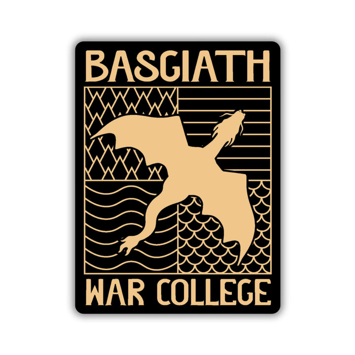 Sticker of a black & gold Basgiath emblem, featuring a gold dragon flying over the quadrant symbols on a black background.
