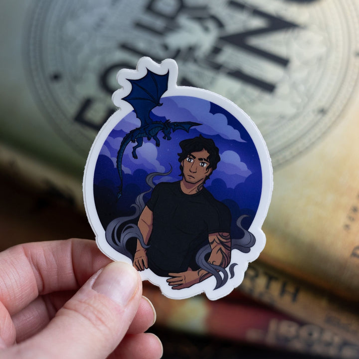 Sticker of Xaden Riorson with Sgaeyl flying behind him in a purple cloudy sky. Characters from Fourth Wing. Held over Fourth Wing.
