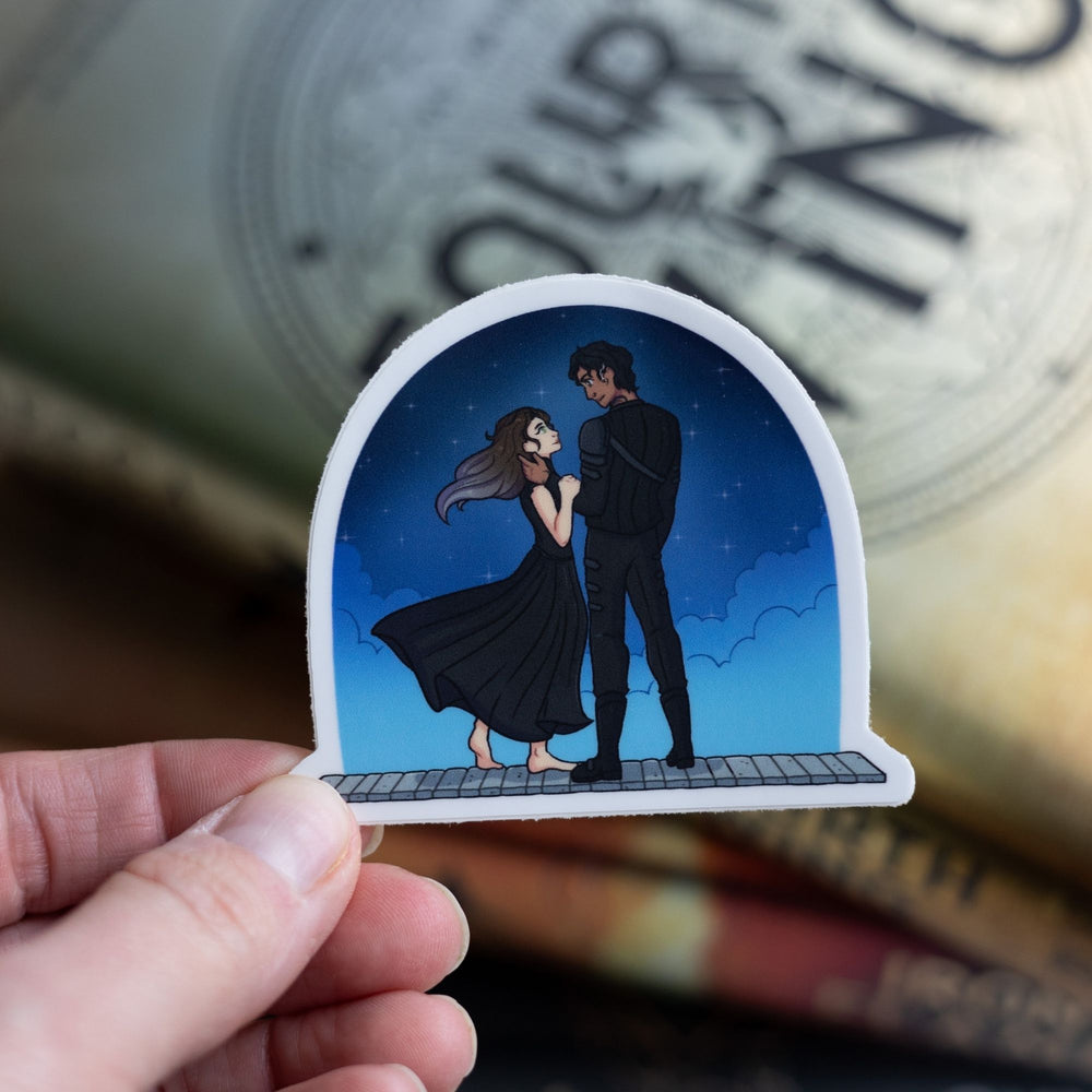 Sticker of Violet and Xaden on the parapet, gazing into each other's eyes. Held over Fourth Wing