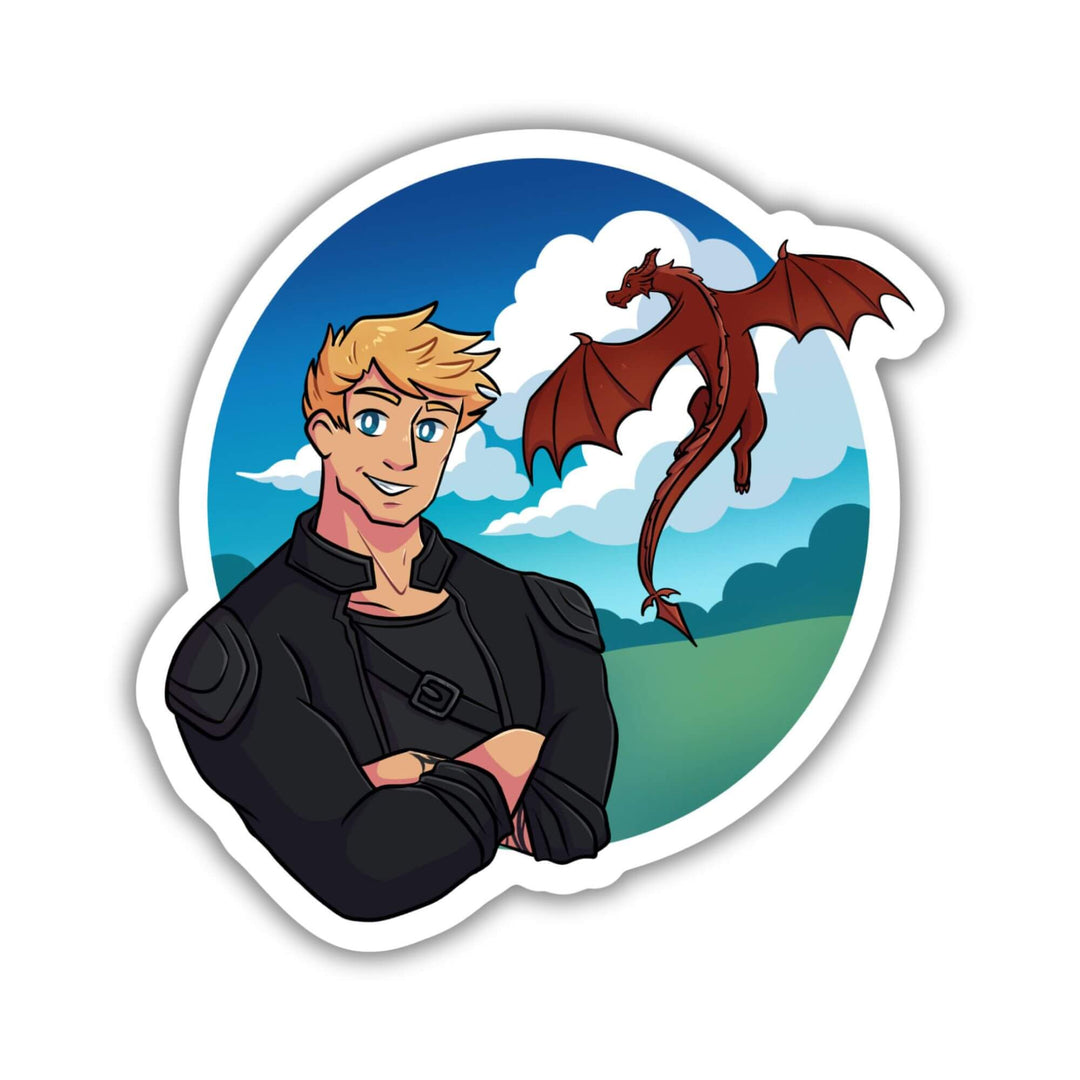 Sticker of Liam in black leathers with his red dragon Deigh flying behind him. Characters from Fourth Wing.
