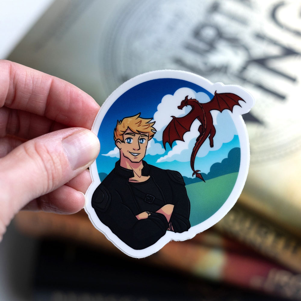 Sticker of Liam, in black leathers with his red dragon Deigh flying behind him. Held over Fourth Wing.
