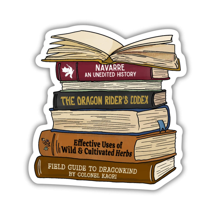 Sticker of a stack of books spines from Fourth Wing, like ‘Navarre: An Unedited History,’ and ‘The Dragon Rider’s Codex.’

