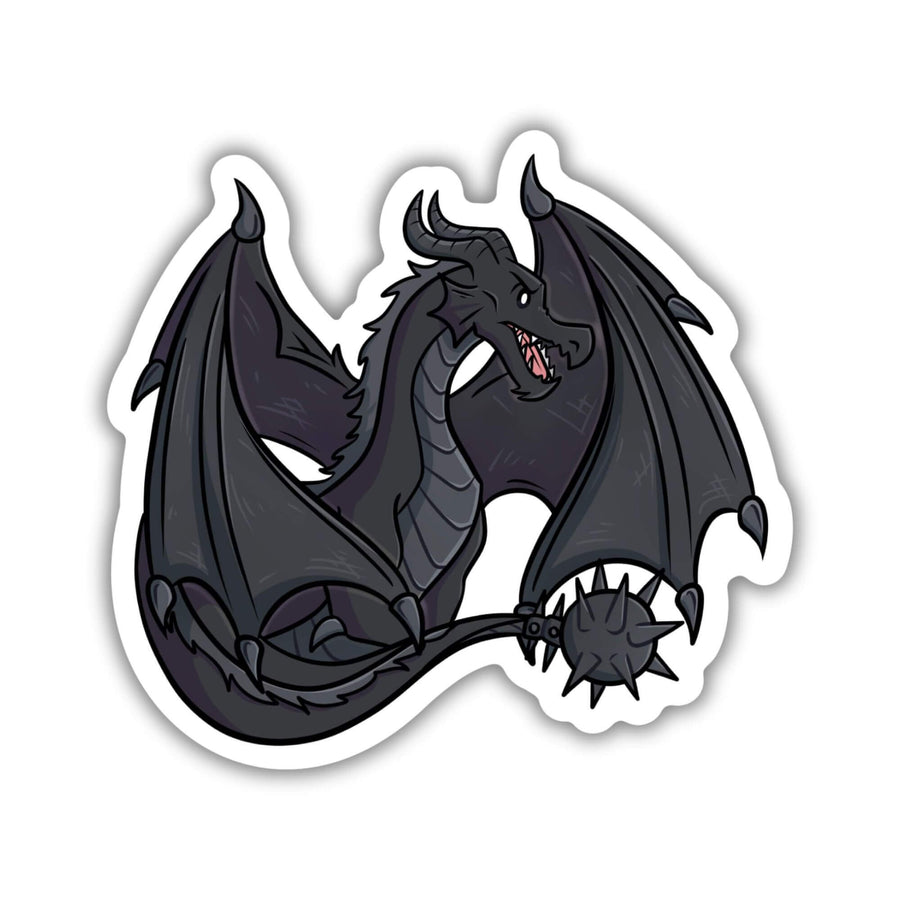 Tairn, black dragon from Fourth Wing by Rebecca Yarros, sitting with tail and wings tucked around him. 