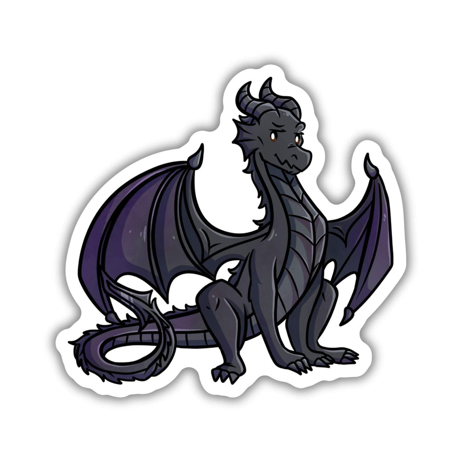 Sticker of a teenage Andarna, a black dragon who is sitting proudly, tail curled. Character from Fourth Wing.
