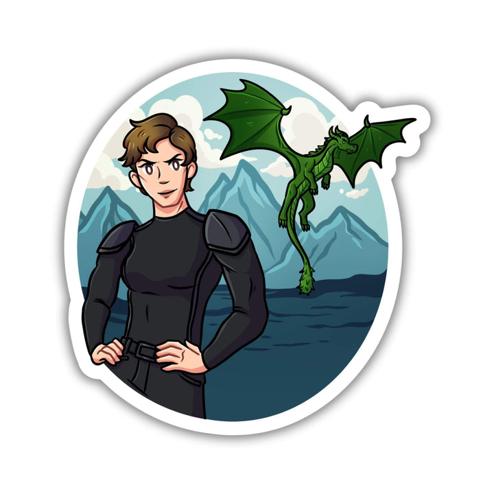 Sticker of Mira in black riding leathers with the sea, mountains, and a green dragon behind her. From Fourth Wing.