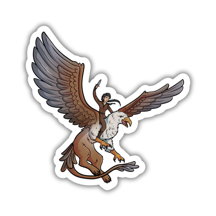 Sticker of Cat riding a griffin in brown riding leathers, a dagger raised above her head. From Fourth Wing.