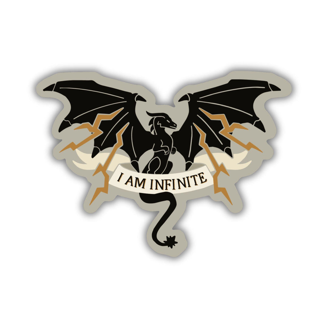 Sticker of a black dragon with lighting coming out of its wings with the words ‘ I am infinite’ on an ivory ribbon over its tail.