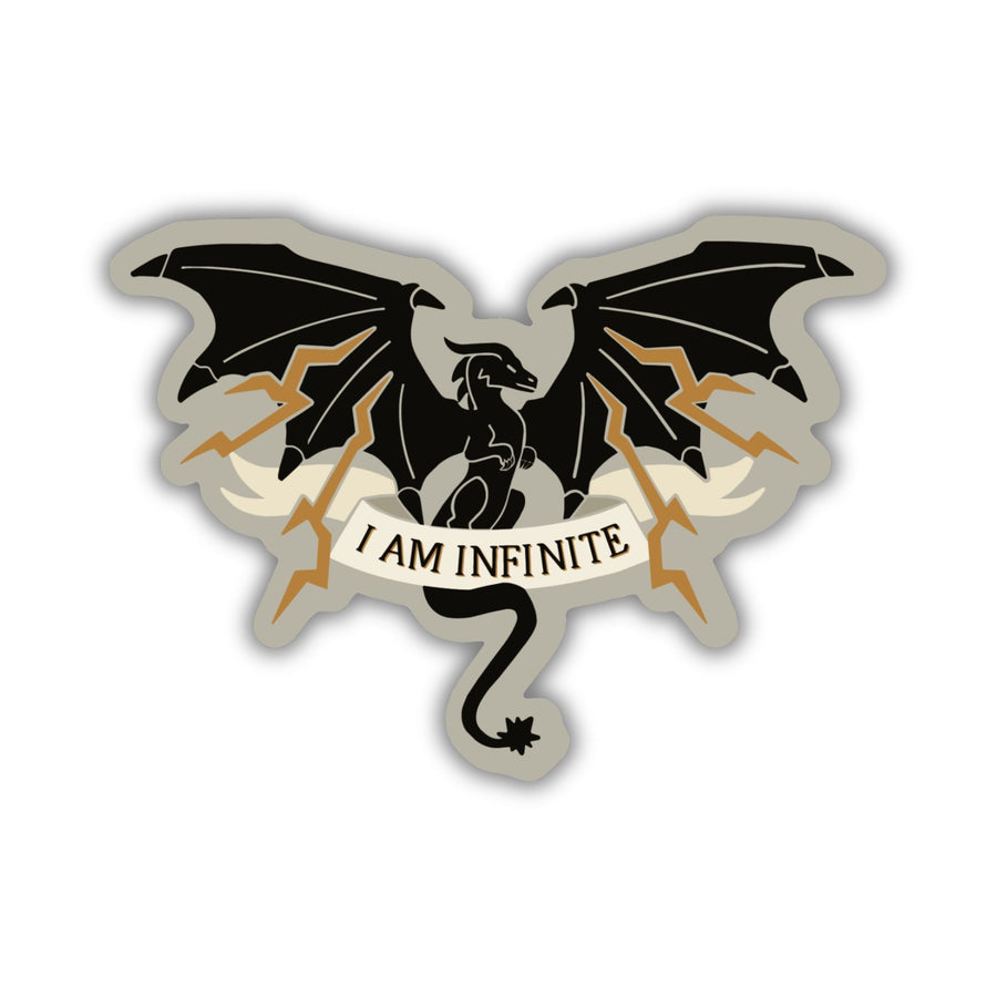 Sticker of a black dragon with lighting coming out of its wings with the words ‘ I am infinite’ on an ivory ribbon over its tail.
