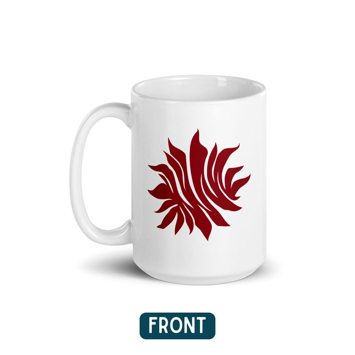 White mug displaying the Scarlet Guard emblem from Red Queen by Victoria Aveyard. 
