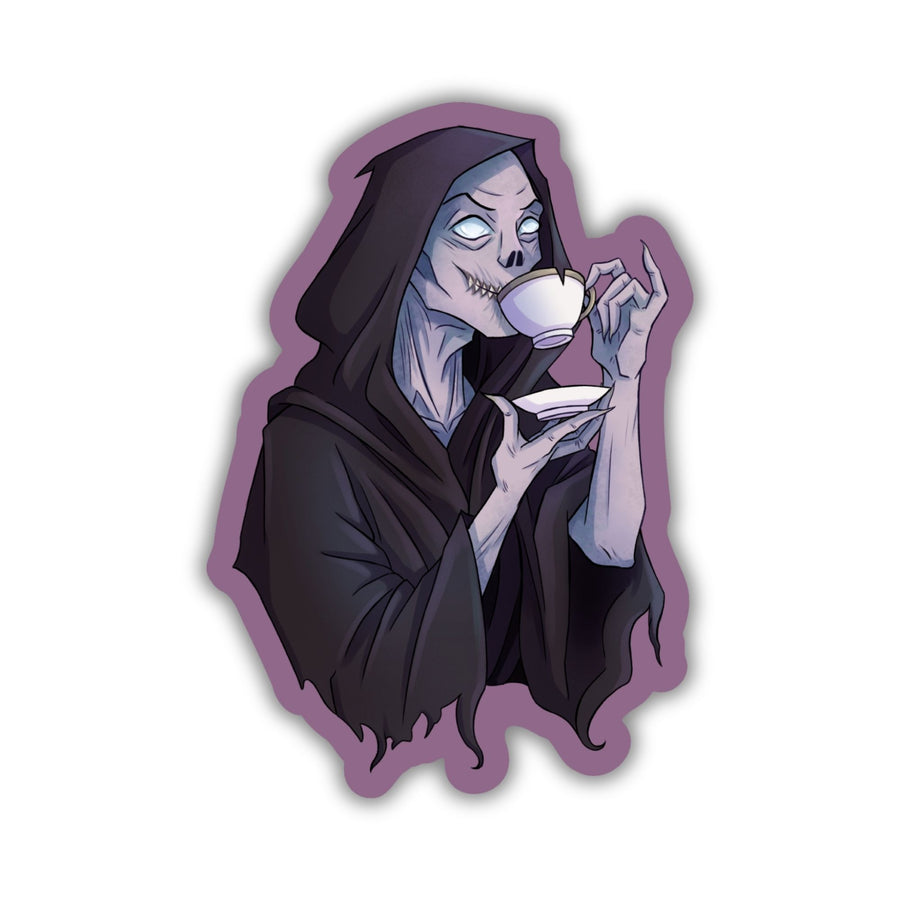 Character art sticker of the Suriel sipping tea from ACOTAR.