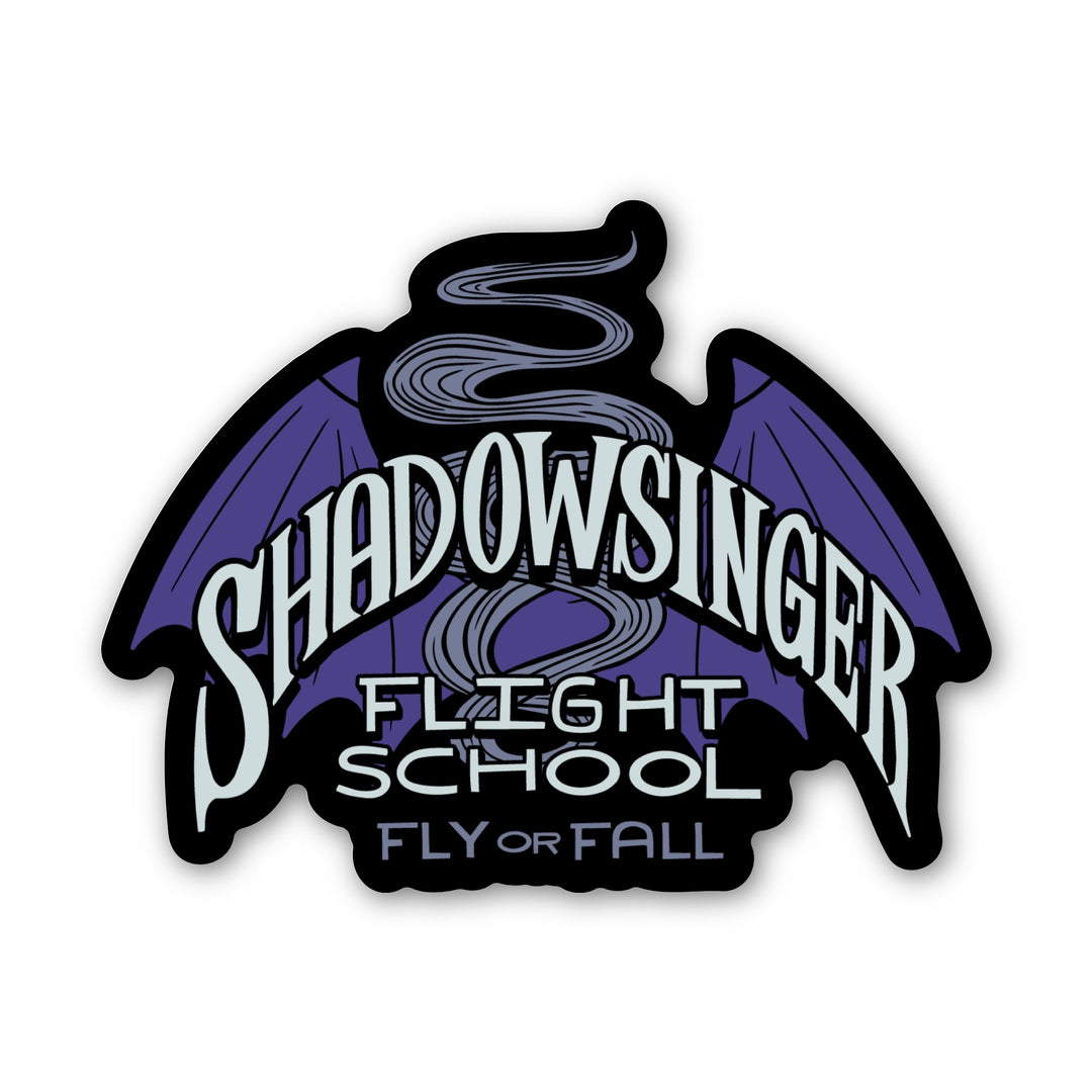 Sticker of purple bat wings that says ‘Shadowsinger Flights school, fly or fall.’ Inspired by ACOTAR.