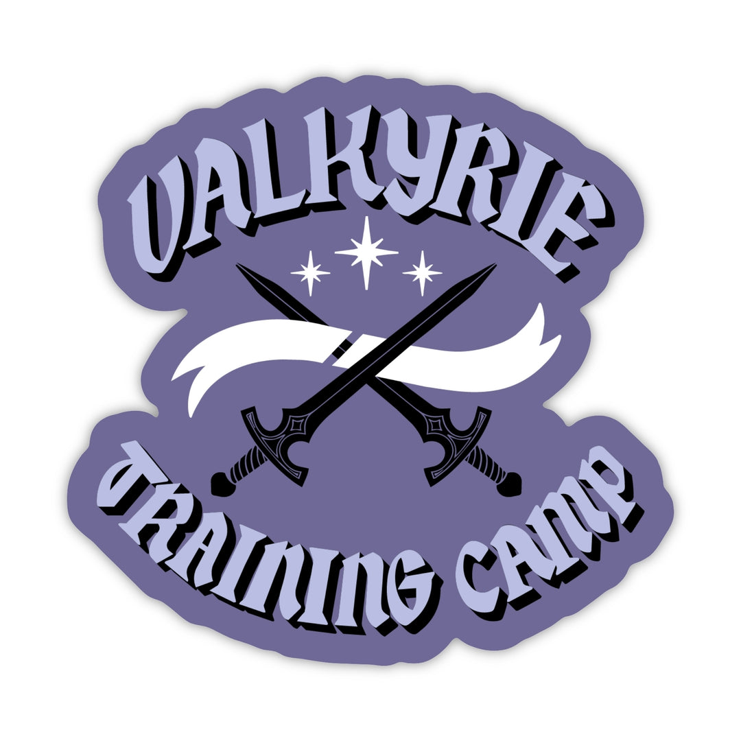 Sticker of two swords crossed and 3 stars above it with the text ‘ Valkyrie Training Camp’ in light purple text on a dark purple background. 