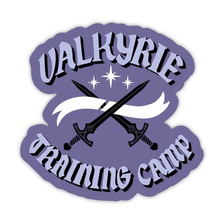 Sticker of two swords crossed and 3 stars above it with the text ‘ Valkyrie Training Camp’ in light purple text on a dark purple background. 