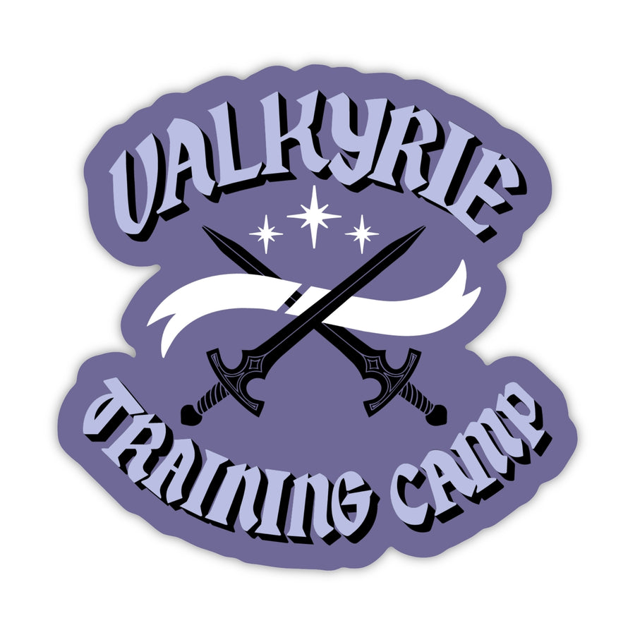 Sticker of two swords crossed and 3 stars above it with the text ‘ Valkyrie Training Camp’ in light purple text on a dark purple background. 