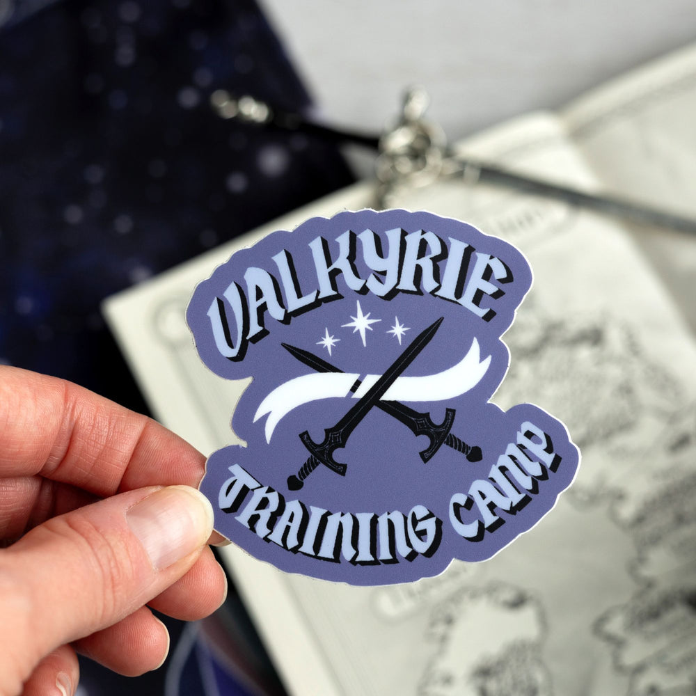Sticker of two swords crossed and 3 stars above it that reads ‘ Valkyrie’ and below ‘Training Camp’ in light purple text on a dark purple background. Held above a map.
