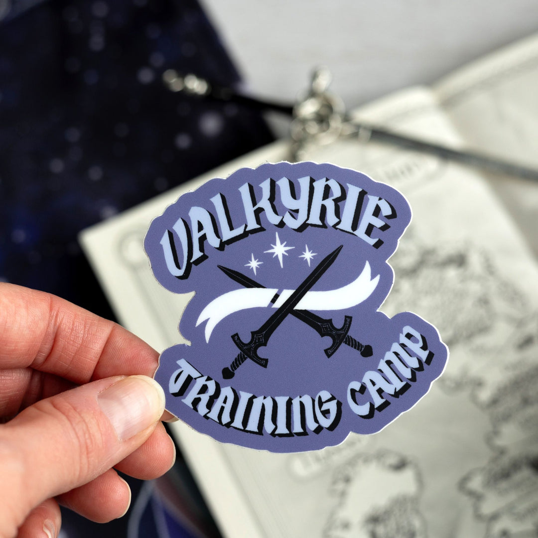 Sticker of two swords crossed and 3 stars above it that reads ‘ Valkyrie’ and below ‘Training Camp’ in light purple text on a dark purple background. Held above a map.
