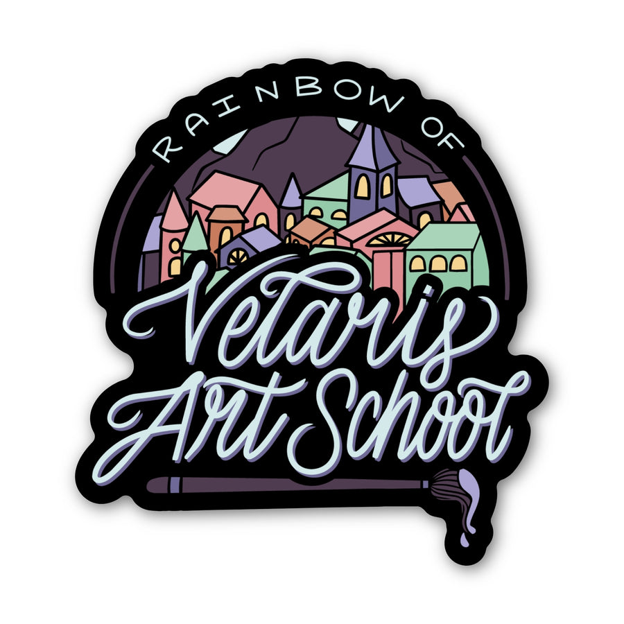 Sticker of a colorful city with text ‘ Rainbow of Verlaris Art School’ with a paint brush under it. Inspired by ACOTAR.
