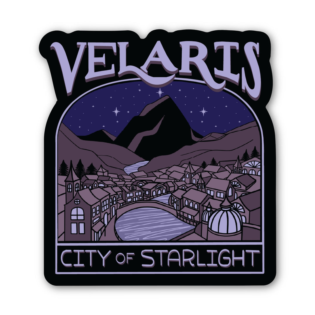 Sticker of Velaris at night, with a river going through it. In purple text: ‘Velaris City of Starlight.’ Inspired by ACOTAR.