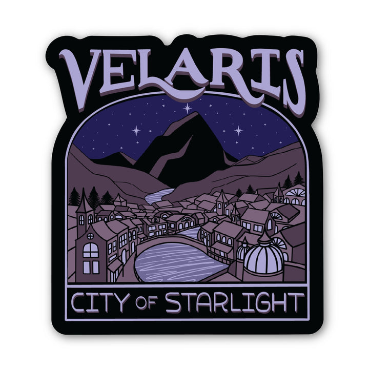 Sticker of Velaris at night, with a river going through it. In purple text: ‘Velaris City of Starlight.’ Inspired by ACOTAR.