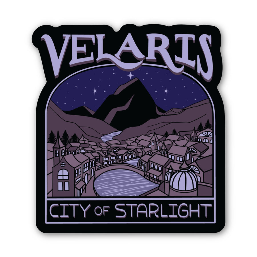Sticker of Velaris at night, with a river going through it. In purple text: ‘Velaris City of Starlight.’ Inspired by ACOTAR.