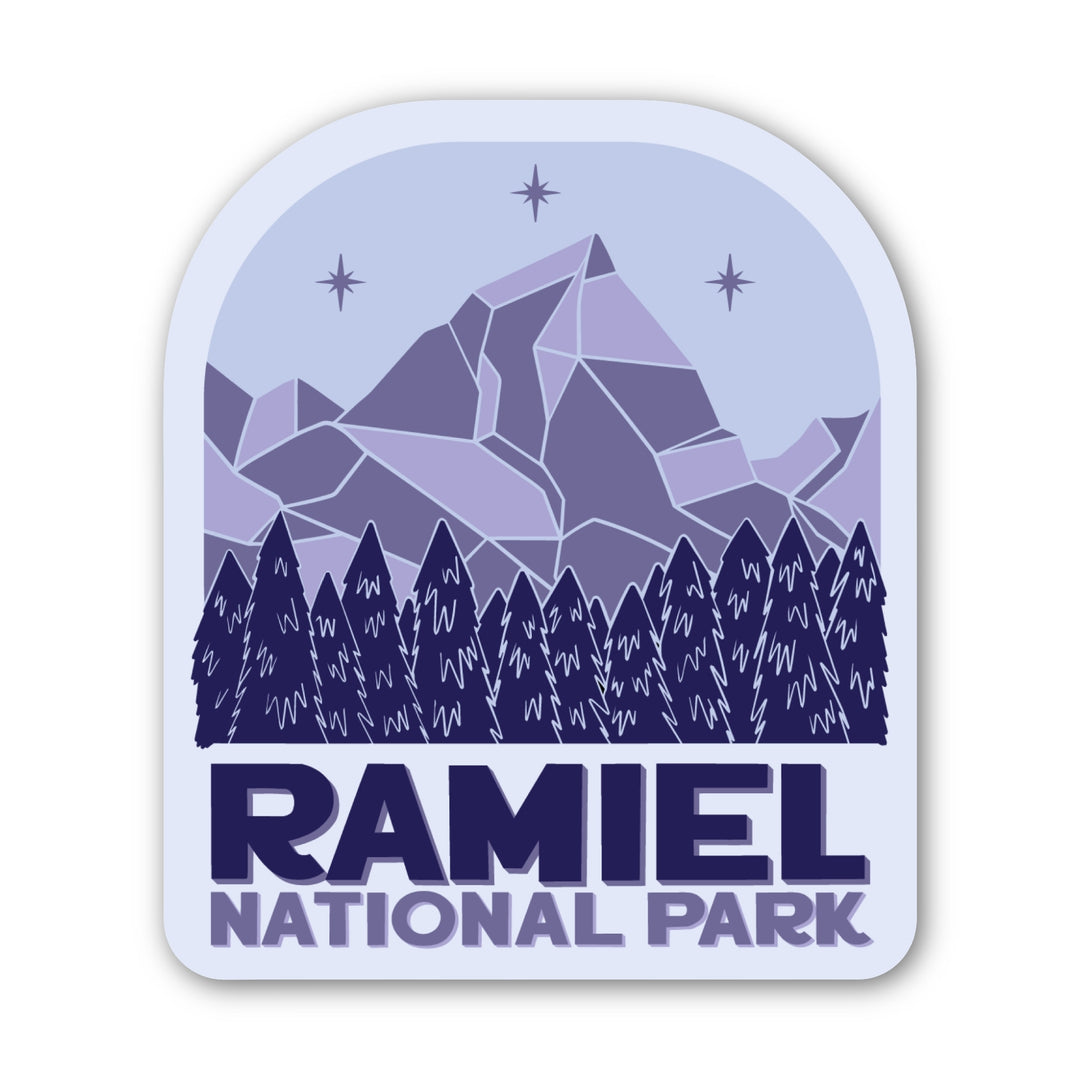 Sticker of a mountain with three stars above it and evergreen trees. Below reads ‘ Ramiel National Park.’ Inspired by ACOTAR.