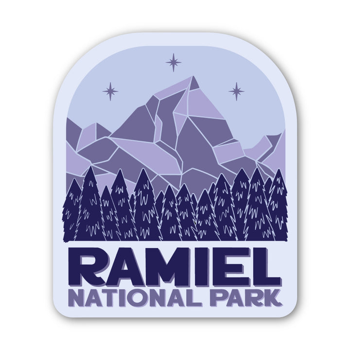 Sticker of a mountain with three stars above it and evergreen trees. Below reads ‘ Ramiel National Park.’ Inspired by ACOTAR.