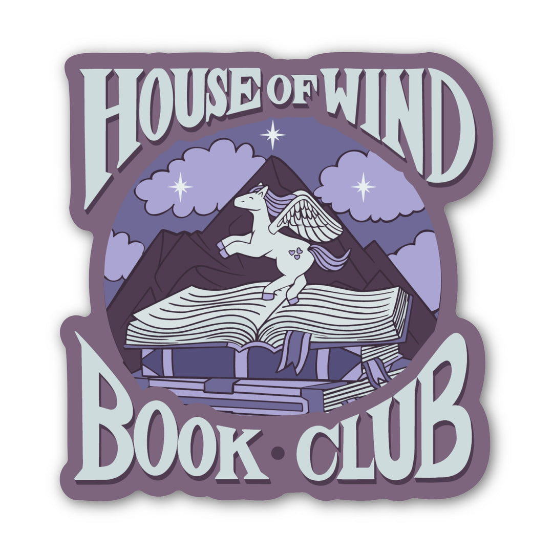 Sticker for ‘House of Wind Book Club’ with a stack of books and a pegasus prancing atop it. Inspired by ACOTAR.