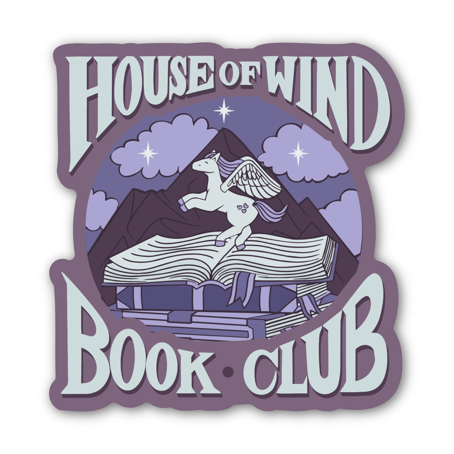Sticker for ‘House of Wind Book Club’ with a stack of books and a pegasus prancing atop it. Inspired by ACOTAR.