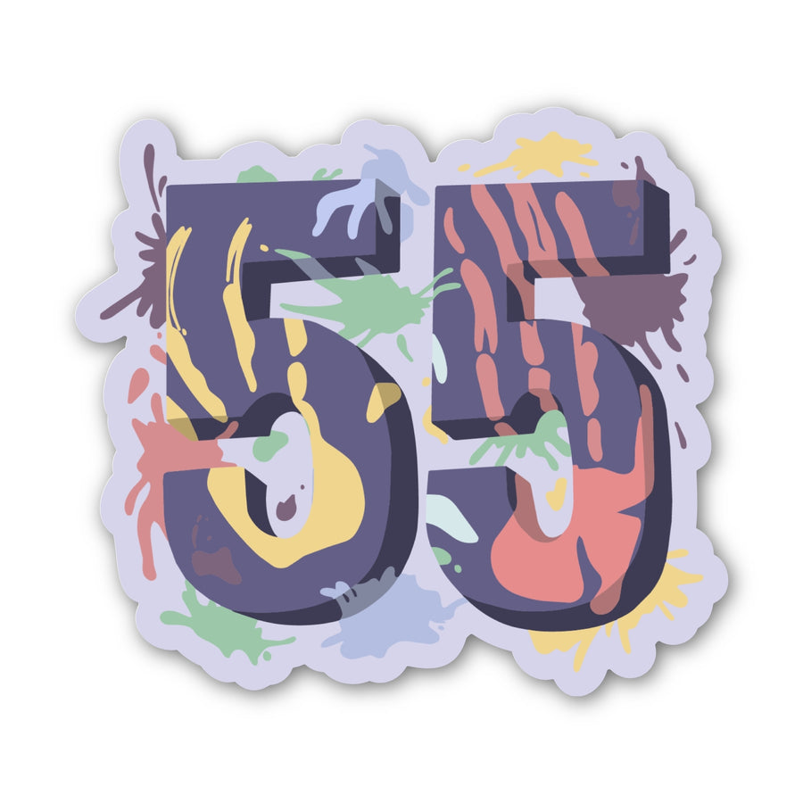 Sticker of a purple number 55 with different paint splatter colors all over it, from ACOTAR.