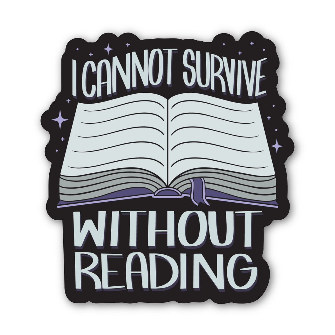 ACOTAR quote sticker ‘I cannot survive without reading’ and an open book with a purple ribbon bookmark.