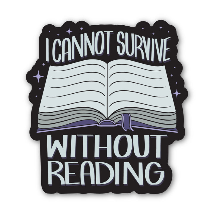 ACOTAR quote sticker ‘I cannot survive without reading’ and an open book with a purple ribbon bookmark.