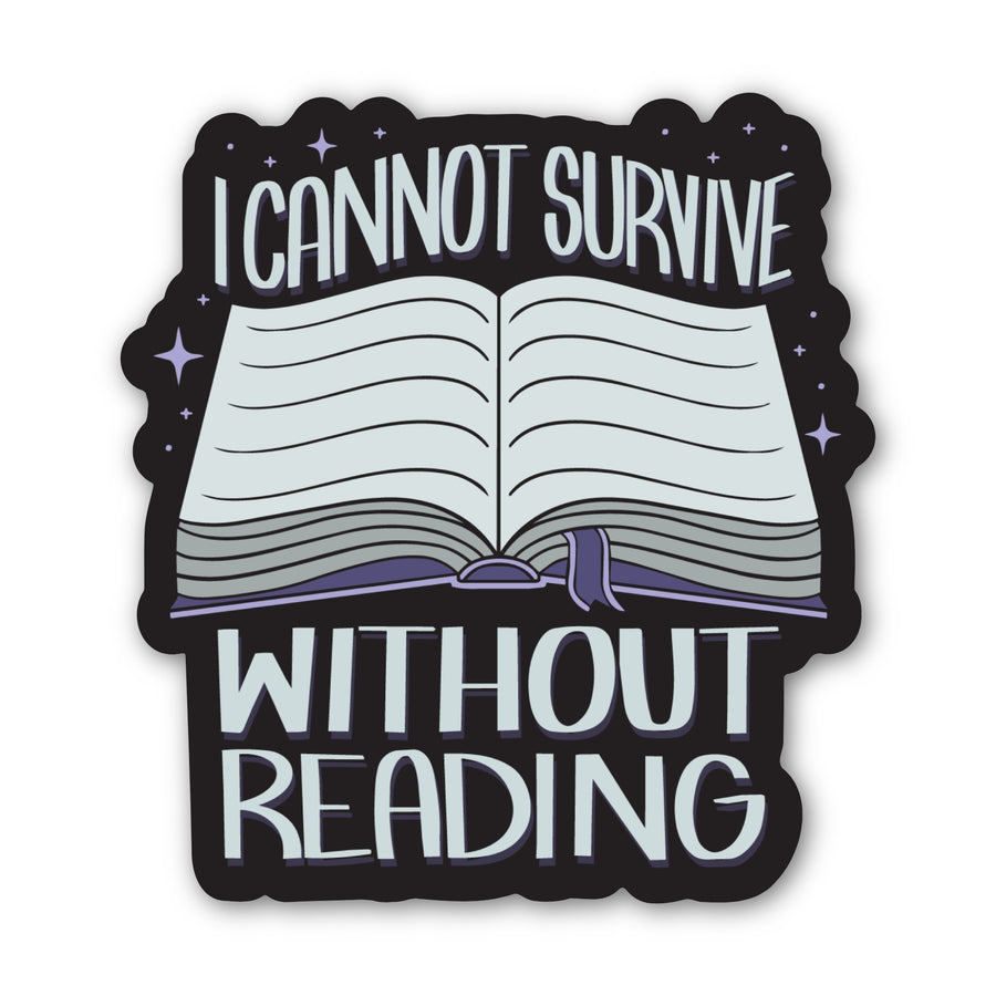 ACOTAR quote sticker ‘I cannot survive without reading’ and an open book with a purple ribbon bookmark.