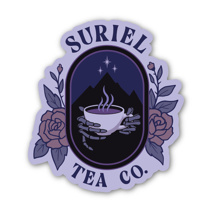 Sticker of skeleton hands holding a steaming tea mug with two roses on either side and the text ‘Suriel Tea Co.’ From ACOTAR