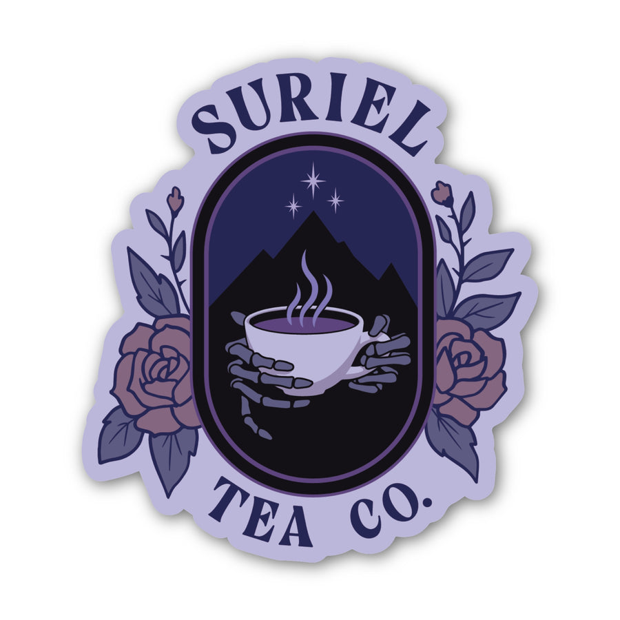Sticker of skeleton hands holding a steaming tea mug with two roses on either side and the text ‘Suriel Tea Co.’ From ACOTAR